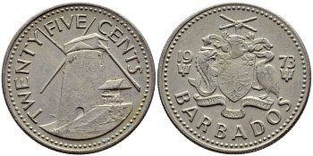 Барбадос 25 центов 1973 ветряная мельница Моргана Льюиса KM 13 медно-никель 4398-317