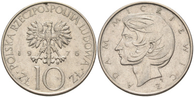 Польша 10 злотых 1976 MW, Адам Мицкевич KM 74 медно-никель    4150-437