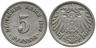 ГЕРМАНИЯ 5 ПФЕННИГОВ 1902 A KM 11, J. 12 медно-никель 39-759