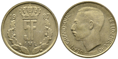 Люксембург 5 франков 1987 Великий герцог Жан (1964-1999) KM 60.1 латунь 4364-1154
