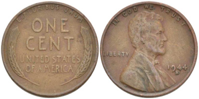 США 1 ЦЕНТ 1944 S, ЛИНКОЛЬН KM А132 медь цинк 3309-467