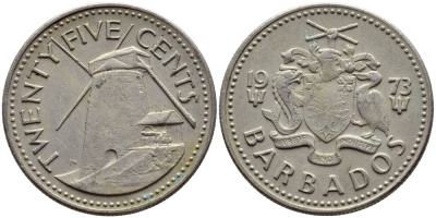 Барбадос 25 центов 1973 ветряная мельница Моргана Льюиса KM 13 медно-никель 4398-317