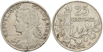 ФРАНЦИЯ 25 САНТИМОВ 1904 KM 856 никель 4551-626