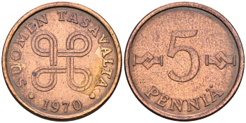 Финляндия 5 пенни 1970 KM 45 медь 4528-618