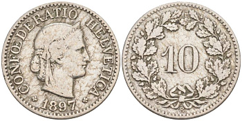 ШВЕЙЦАРИЯ 10 РАППЕНОВ 1897 В KM 27 медно-никель 4181-1228