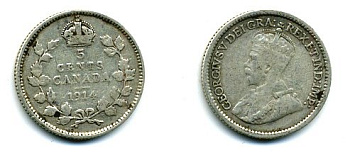 КАНАДА 5 ЦЕНТОВ 1914 ГЕОРГ V серебро 46-614