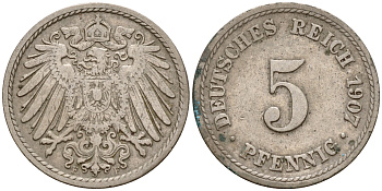 Германия 5 пфеннигов 1907 F J.12, KM 11 медно-никель    4598-1136