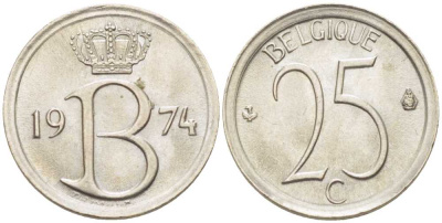 БЕЛЬГИЯ 25 САНТИМОВ 1974 BELGIQUE KM 153.1 медно-никель 206-111
