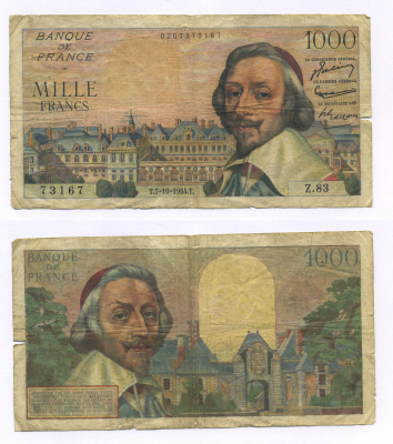 ФРАНЦИЯ 1000 ФРАНКОВ 1954 7 ОКТЯБРЯ 1954, КАРДИНАЛ РИШЕЛЬЕ Pick 134а бумага 7146-12-3-1