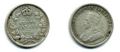 КАНАДА 5 ЦЕНТОВ 1914 ГЕОРГ V серебро 46-614