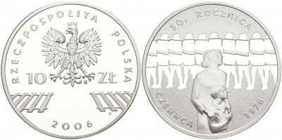 Польша 10 злотых 2006 MW, 30 лет акциям протеста в июне 1976 года KM 598 серебро PROOF 1087-8-52