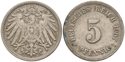 Германия 5 пфеннигов 1907 F J.12, KM 11 медно-никель    4598-1136