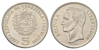 Венесуэла 5 боливаров 1977 Симон Боливар Y 53 никель aUNC 4667-712
