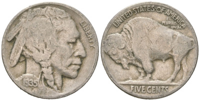США 5 центов 1935 индеец, бизон KM 134 медно-никель 4614-1155
