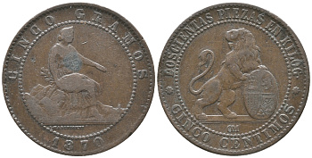 ИСПАНИЯ 5 САНТИМОВ 1870 ОМ KM 662 (Y53) медь 34-322