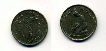 Бельгия 1 франк 1923 Belgique, Альберт I (1909-1934) KM 89 никель 29-223