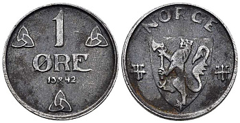 НОРВЕГИЯ 1 ЭРЕ 1942 ХОКОН VII (1905-1957) KM 387 железо 211-812