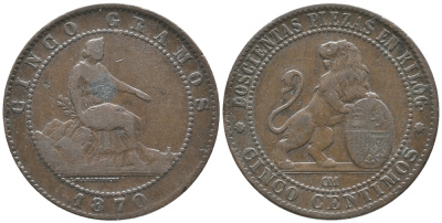 ИСПАНИЯ 5 САНТИМОВ 1870 ОМ KM 662 (Y53) медь 34-322