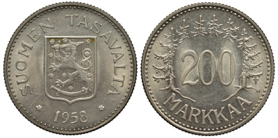 Финляндия 200 марок 1958 H KM 42 серебро    1530-1112
