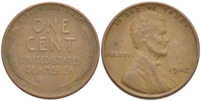 США 1 ЦЕНТ 1942 ЛИНКОЛЬН KM 132 бронза 218-431
