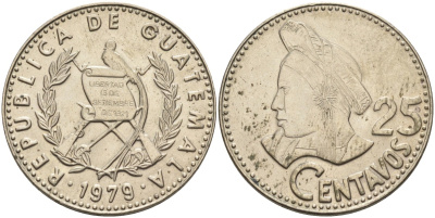Гватемала 25 сентаво 1979 женская голова влево KM 278.1 медно-никель 4367-721