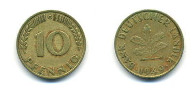 ФРГ 10 ПФЕННИГОВ 1949 G KM 103, J.378 сталь плакированная латунью 80-316