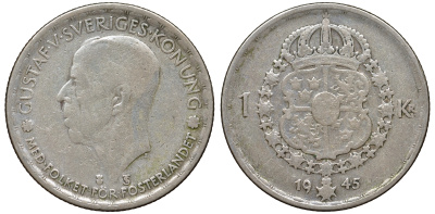Швеция 1 крона 1945 TS, Густав V (1907-1950) KM 814 серебро 4178-712
