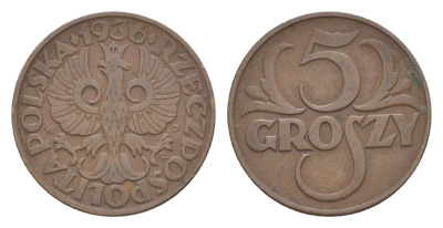 Польша 5 грошей 1936 Y 10a бронза 4620-512