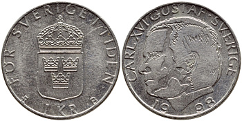 Швеция 1 крона 1998 Карл XVI Густав (1973- ) KM 852a медно-никель 89-1555