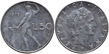 ИТАЛИЯ 50 ЛИР 1979 R, КУЗНЕЦ KM 95.1 сталь 4395-533