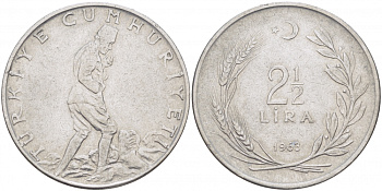 ТУРЦИЯ 2 1/2 ЛИРЫ 1963 KM 893.1 сталь 4179-122