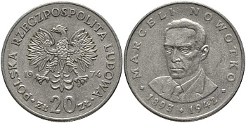 Польша 20 злотых 1974 MW, Марцелий Новотко KM 69, Parchimowicz 246 медно-никель 180-346