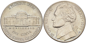 США 5 ЦЕНТОВ 1998 P ДЖЕФЕРСОН KM A192 медно-никель 4114-1122