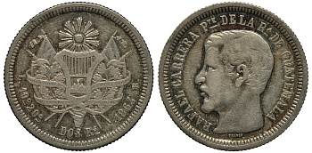 Гватемала 2 реала 1864 R KM 139 серебро 3896-723