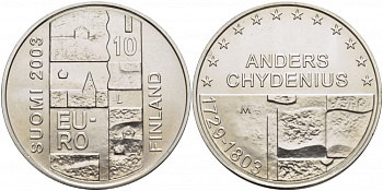 Финляндия 10 евро 2003 200 лет со дня смерти Андерса Чудениуса KM 110 серебро UNC 11-149-12