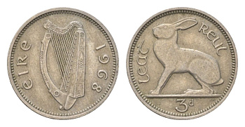 Ирландия 3 пенса 1968 заяц KM 12a медно-никель 4623-633