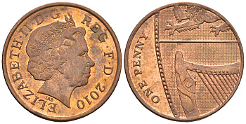 Великобритания 1 пенни 2010 Елизавета II (1952-2022) KM 1107, Spink B6 сталь плакированная медью 4609-711