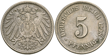 Германия 5 пфеннигов 1908 G KM 11, Jager 12, Weege 6 медно-никель 4364-4551