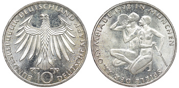 ФРГ 10 марок 1972 G, XX летние Олимпийские Игры, Мюнхен 1972, спортсмены KM 132, J. 403 серебро aUNC 4178-821