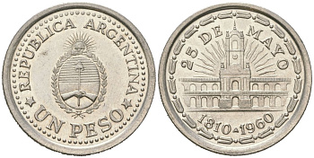 Аргентина 1 песо 1960 150 лет свержения Испанского вице-короля (1810-1960) KM 58 сталь плакированная никелем aUNC 4121-1131