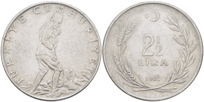 ТУРЦИЯ 2 1/2 ЛИРЫ 1963 KM 893.1 сталь 4179-122