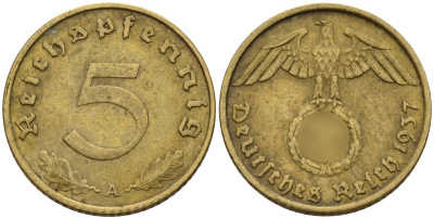 Германия 5 рейхспфеннигов 1937 A KM 91, J. 363 алюминиевая бронза 4151-736