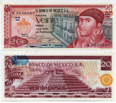 МЕКСИКА 20 ПЕСО 1977 28314 Pick 64d бумага UNC (ПРЕСС) 6289-3-1-1