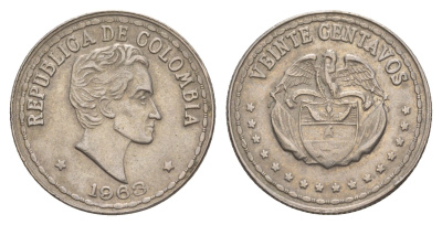 Колумбия 20 сентаво 1963 KM 215 медно-никель 4656-1013