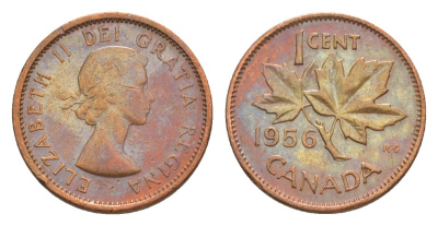 Канада 1 цент 1956 Елизавета II (1952-2022), кленовый лист KM 49 бронза 4639-312