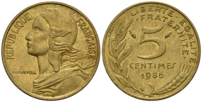 Франция 5 сантимов 1986 KM 933 алюминиевая бронза 4154-1061