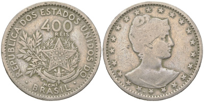 Бразилия 400 реалов 1901 MCMI, голова свободы вправо KM 505 медно-никель 4612-433