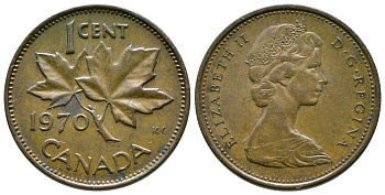 Канада 1 цент 1970 Елизавета II (1952-2022), кленовый лист KM 59.1 бронза 46-1453