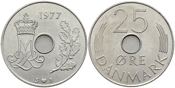 Дания 25 эре 1977 Маргрете II (1972- ) KM 861.1 медно-никель UNC 4175-456