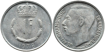 ЛЮКСЕМБУРГ 1 ФРАНК 1978 ВЕЛИКИЙ ГЕРЦОГ ЖАН (1964-2000) KM 55 медно-никель 4391-1052
